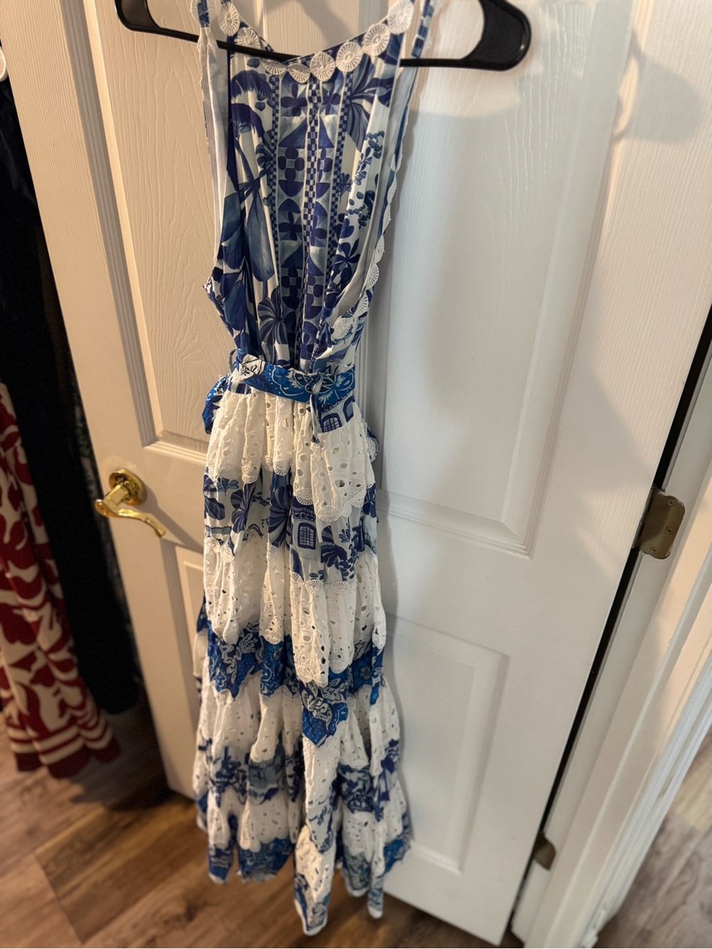 SOLD OUT FARM Rio Blue & White Floral Tiered Maxi Dress with Tie Waist - Picture 5 of 6